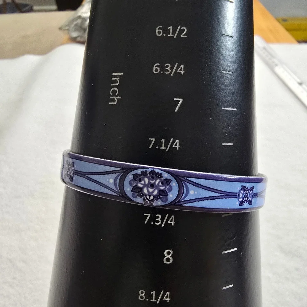 Michaela Frey Vintage Blue Floral Enamel Bangle Bracelet Austria 7.5 Inch